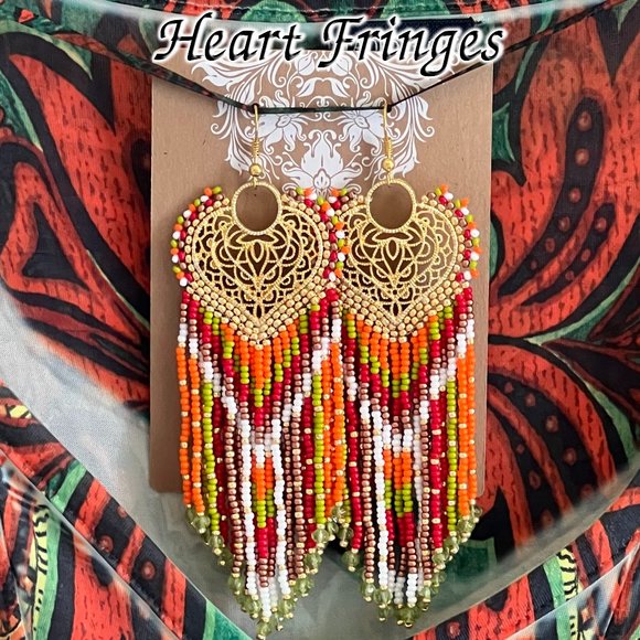 Uniquely Chic Boutique 1 Jewelry - Handmade Beaded Earrings Native American Style Long Fringe Artisan Heart Dangles